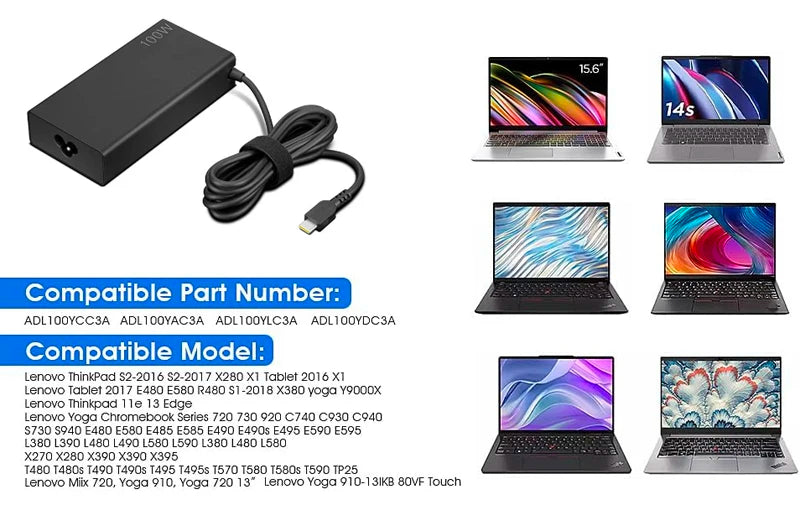 A black 100W USB-C PD laptop charger adapter with multiple compatible models shown.