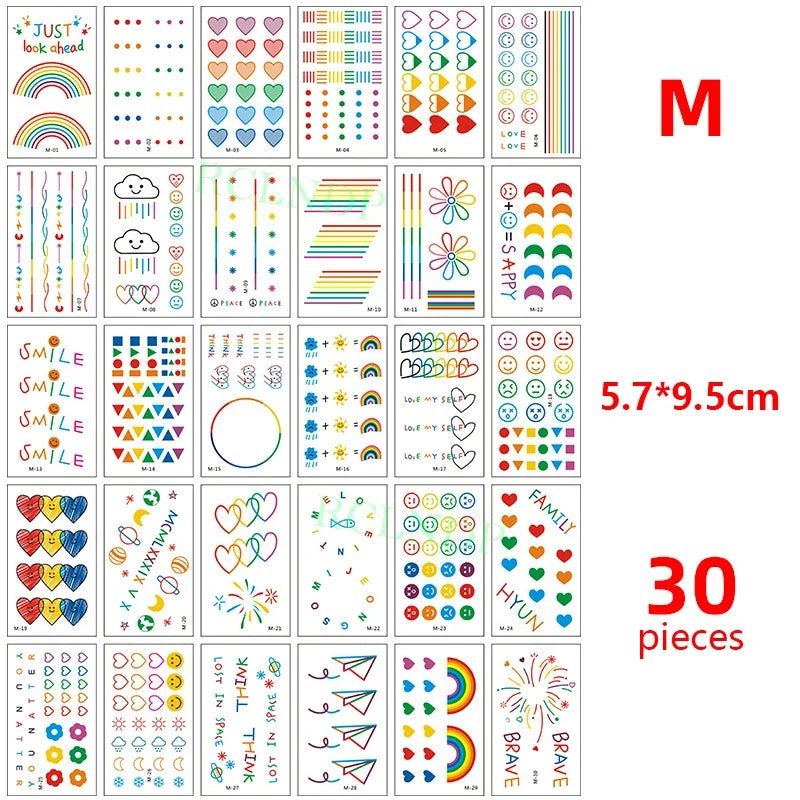 Una cuadrícula de 30 pegatinas temporales multi-diseño con varios patrones y símbolos.