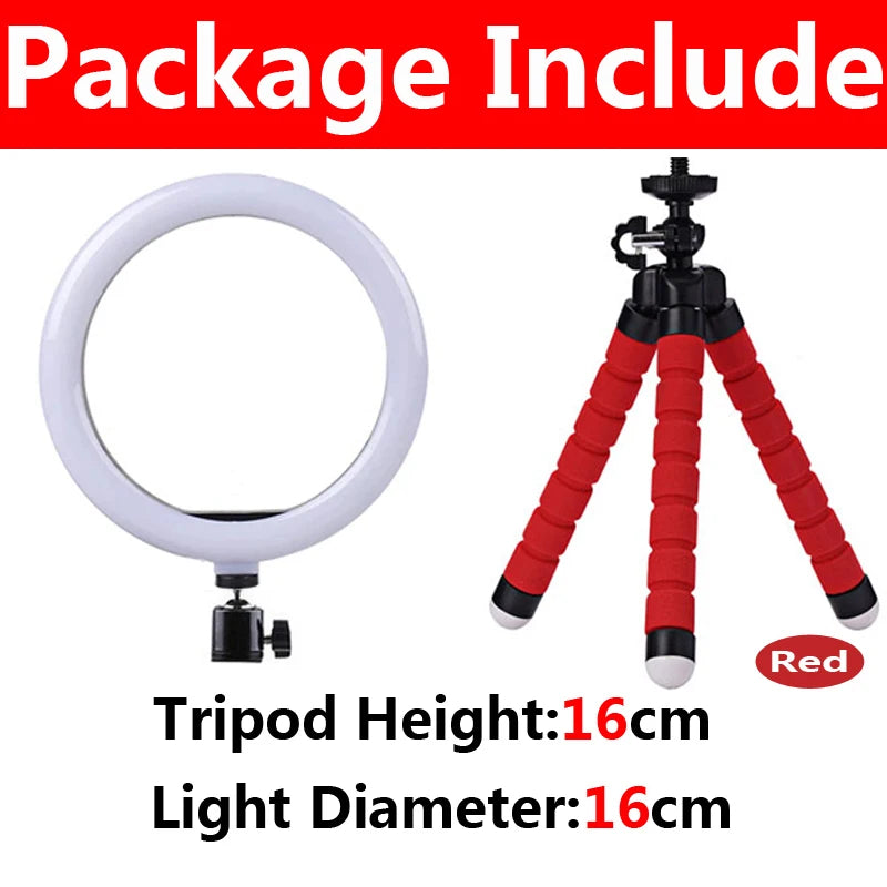 A red tripod stand with a 16cm light diameter and a white ring light is shown.