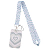 A light blue and gray patterned minimalist key lanyard with a heart design.