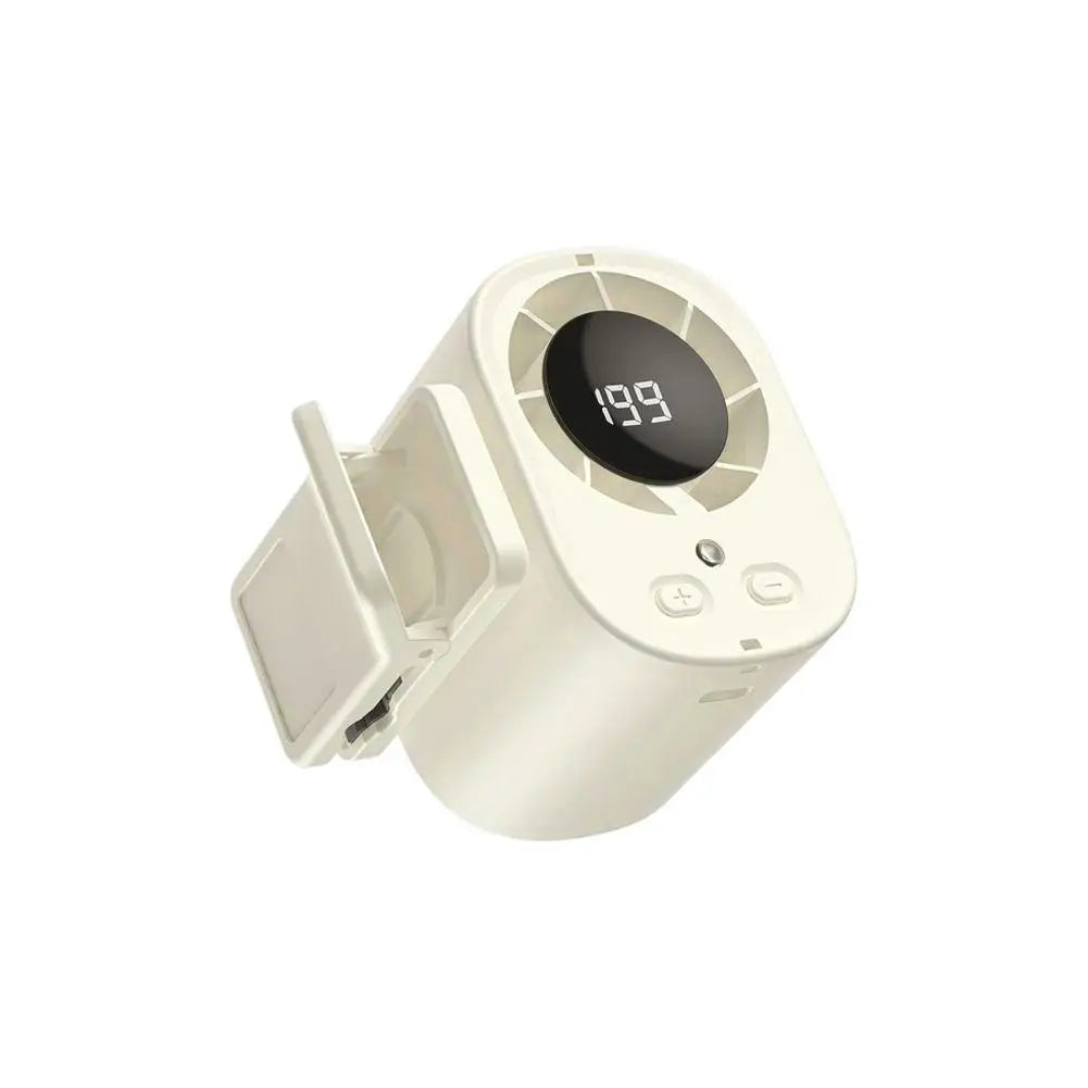 A white USB clip-on cooling fan with a digital LED display showing 199 degrees.