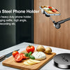 All-carbon steel phone holder with a multi-angle adjustable arm mounted on a circular base.