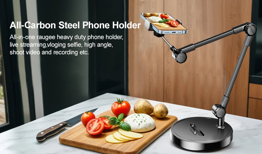 All-carbon steel phone holder with a multi-angle adjustable arm mounted on a circular base.