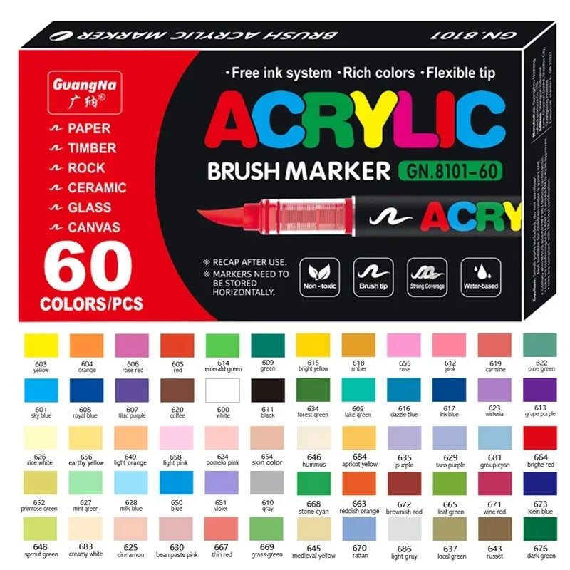 Box of 60 color acrylic brush markers with various colors and tips for art and crafts
