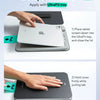 Instructions showing how to apply a screen protector using the UltraFit tray and pulling tab method.