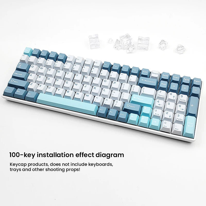 A layout diagram showing the installation effect of a 100-key PBT keycap set for mechanical keyboards.