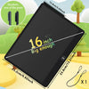 A black interactive LCD writing tablet is shown with a stylus and charging cable, demonstrating its size and features.