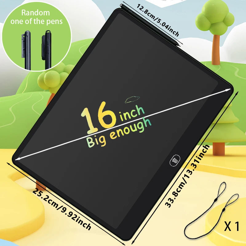 A black interactive LCD writing tablet is shown with a stylus and charging cable, demonstrating its size and features.