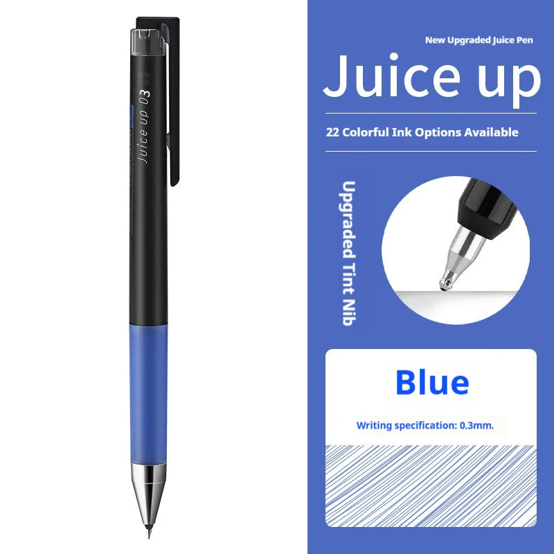 A black and blue Pilot Juice Up fine point gel pen is shown with a blue ink option.