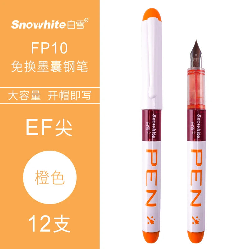 A set of fine point fountain pens with orange and white bodies and silver tips displayed against an orange background.