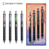 A set of ten black gel pens with silver accents and clear tips displayed in a cardboard packaging box.