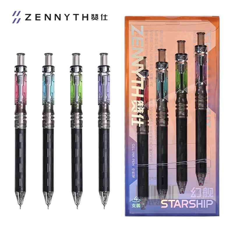 A set of ten black gel pens with silver accents and clear tips displayed in a cardboard packaging box.