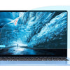 A laptop displaying a blue ice-like landscape, with a protective film overlay visible.