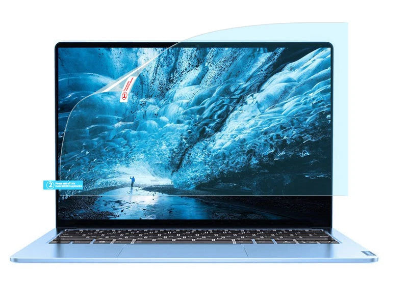 A laptop displaying a blue ice-like landscape, with a protective film overlay visible.