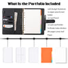 A black A5 portfolio includes a notebook, zipper pouch, card holders, and binder dividers.