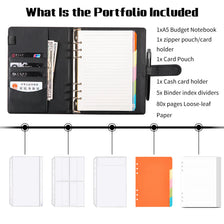 A black A5 portfolio includes a notebook, zipper pouch, card holders, and binder dividers.