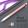 A pink Apple Pencil stylus is shown diagonally across a gray surface with an iPad screen and various features listed below it