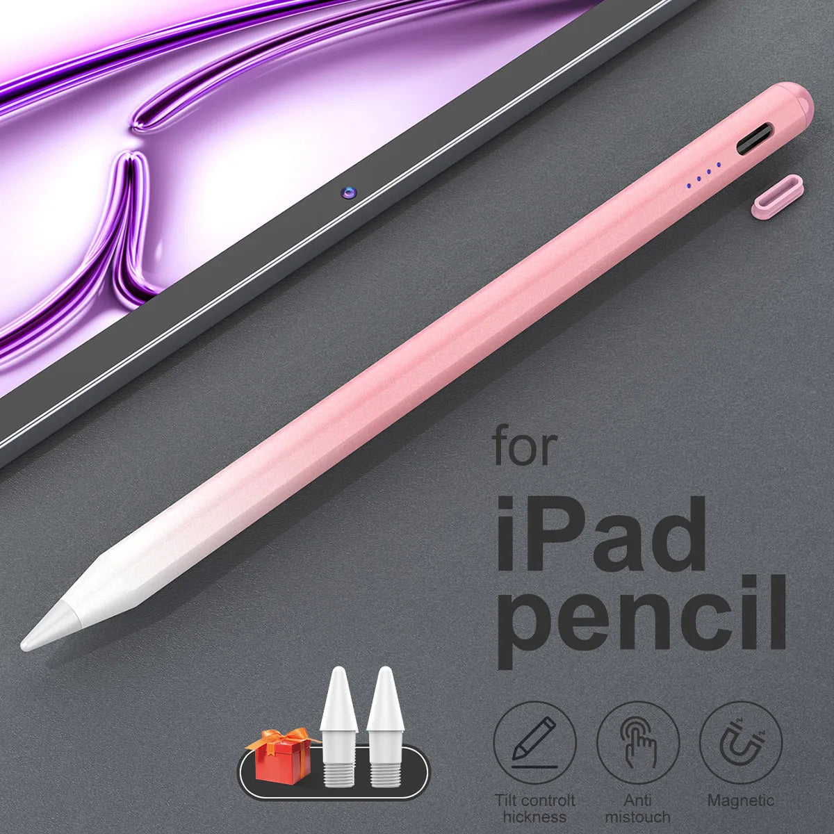 A pink Apple Pencil stylus is shown diagonally across a gray surface with an iPad screen and various features listed below it