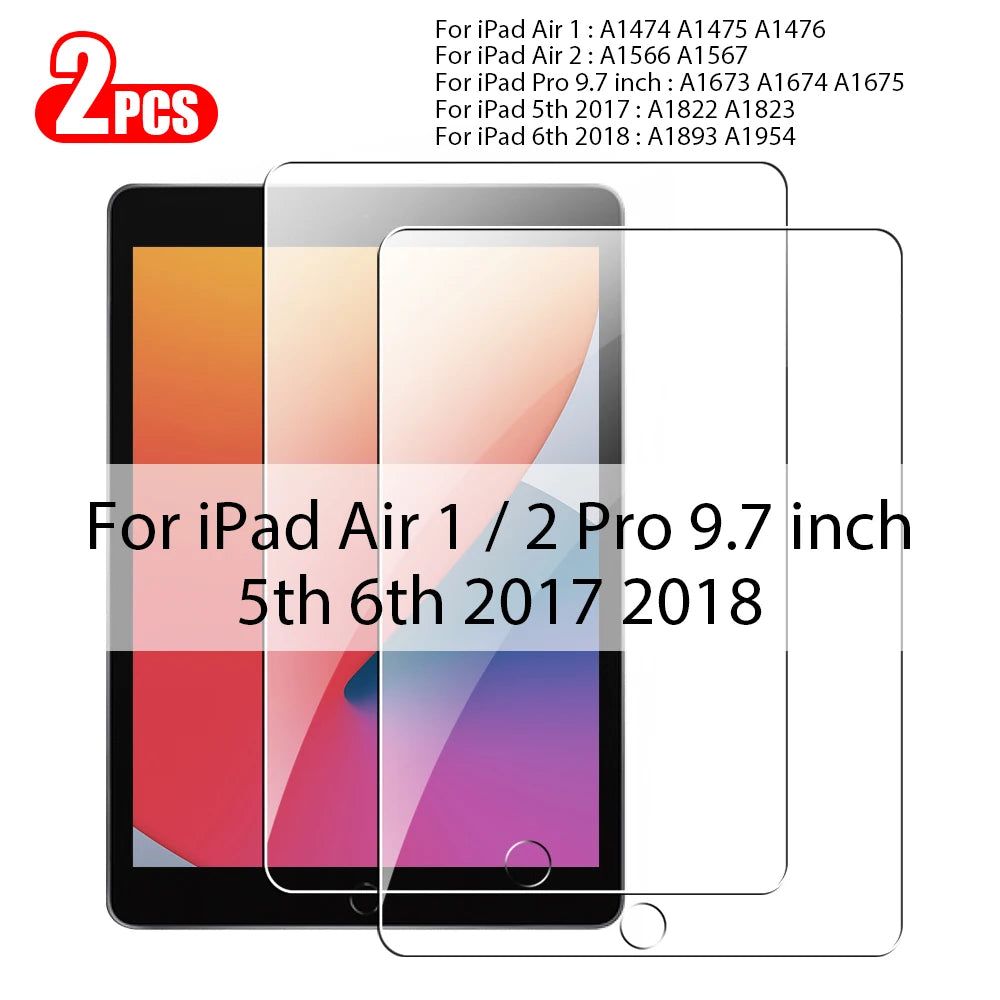 Zwei ultraklare gehärtete Schutzfolien für iPad Air 1 und iPad Pro 9,7 Zoll Modelle von 2017 und 2018.