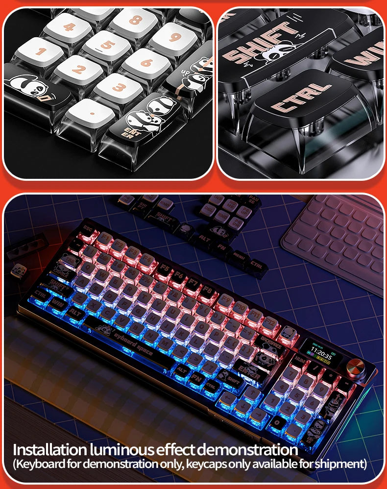 Demonstration of PBT sublimated shark keycaps for mechanical keyboards showing various keycap styles and features