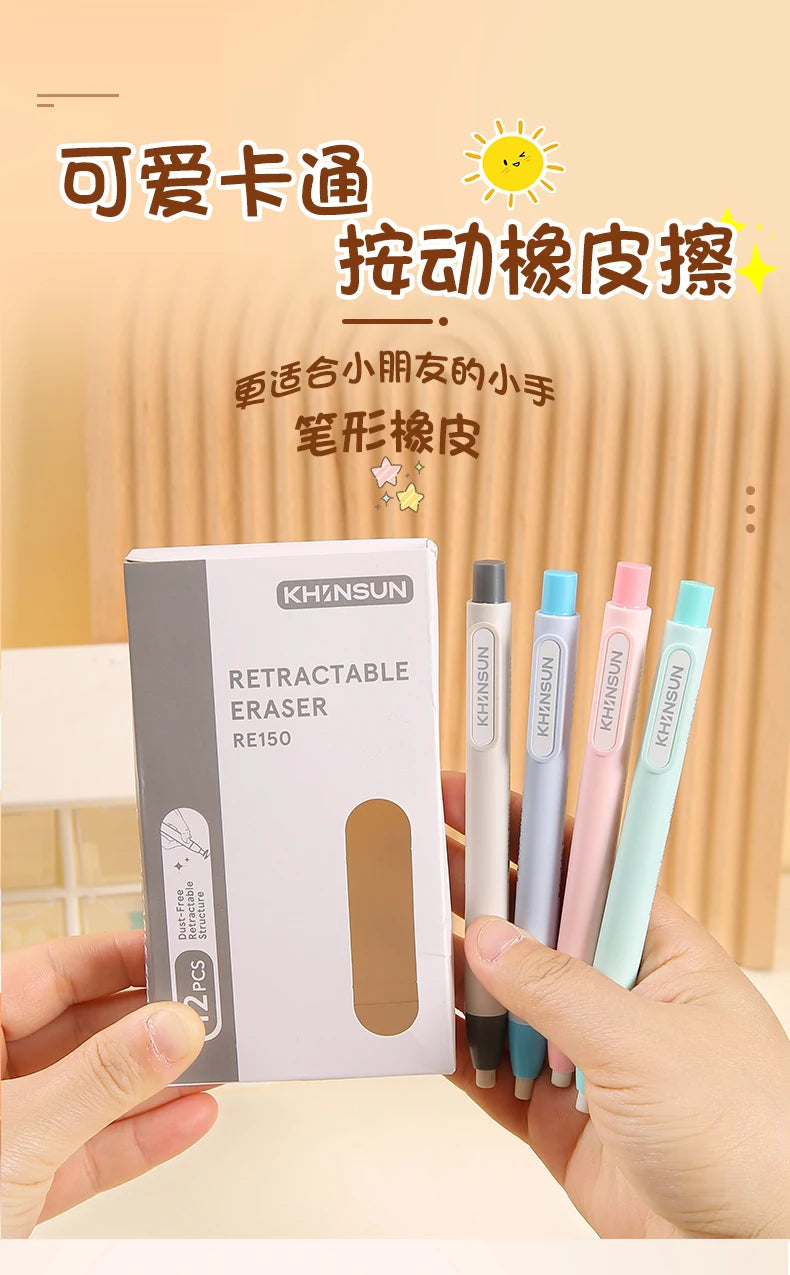 A set of six retractable pencil erasers in various pastel colors, packaged in a box, being held by a hand.