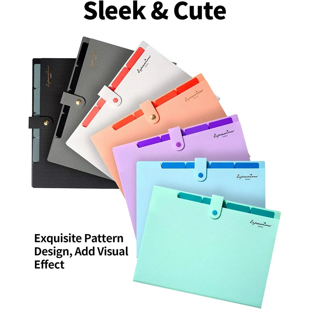 A collection of colorful expanding A4 file folders with various patterns and designs.