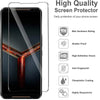 A clear tempered glass screen protector for a smartphone, highlighting features like 9H hardness, shatter proof, HD vision, a