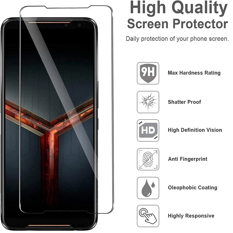 A clear tempered glass screen protector for a smartphone, highlighting features like 9H hardness, shatter proof, HD vision, a