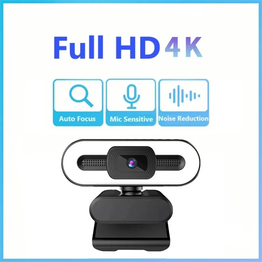 A black 4K streaming webcam with a built-in microphone and features for auto focus and noise reduction.