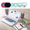 A laptop is shown with various privacy sliders and accessories, including a mobile phone and tablet.