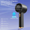 A black handheld air conditioner with a digital display is shown emitting a cool wind.