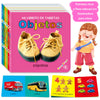 Buntes Buch 'Mi Libro de Tarjetas Objetos' mit Bildern von Schuhen und Fahrzeugen wie LKW, Bus und Auto