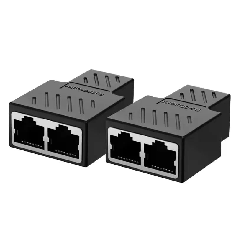 A black dual RJ45 Ethernet coupler adapter device.