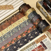 A set of vintage floral washi tape rolls in various patterns and colors, displayed next to a box.