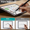 A hand uses a stylus pen to write on an Apple tablet screen demonstrating palm rejection features.