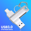 A silver USB 3.0 OTG flash drive with a metal body and keyring attached.