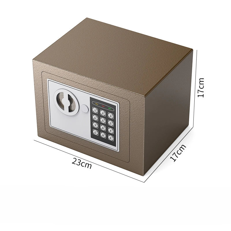 A brown digital lock safe box with a keypad and keyhole, shown from the top-front angle.