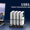 A desktop computer is shown next to an Alaiwo USB3.0 4-bay external hard drive docking station with multiple drives installed