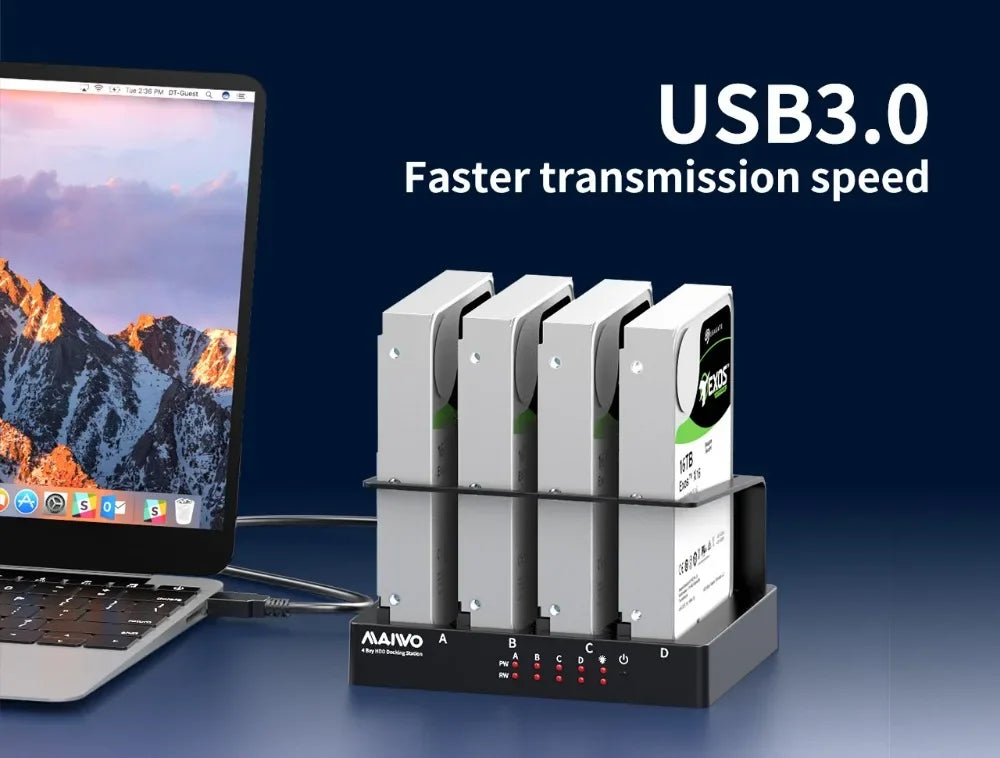 A desktop computer is shown next to an Alaiwo USB3.0 4-bay external hard drive docking station with multiple drives installed