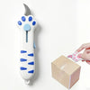 A white retractable utility knife shaped like a cat paw with blue accents, shown next to its packaging box.