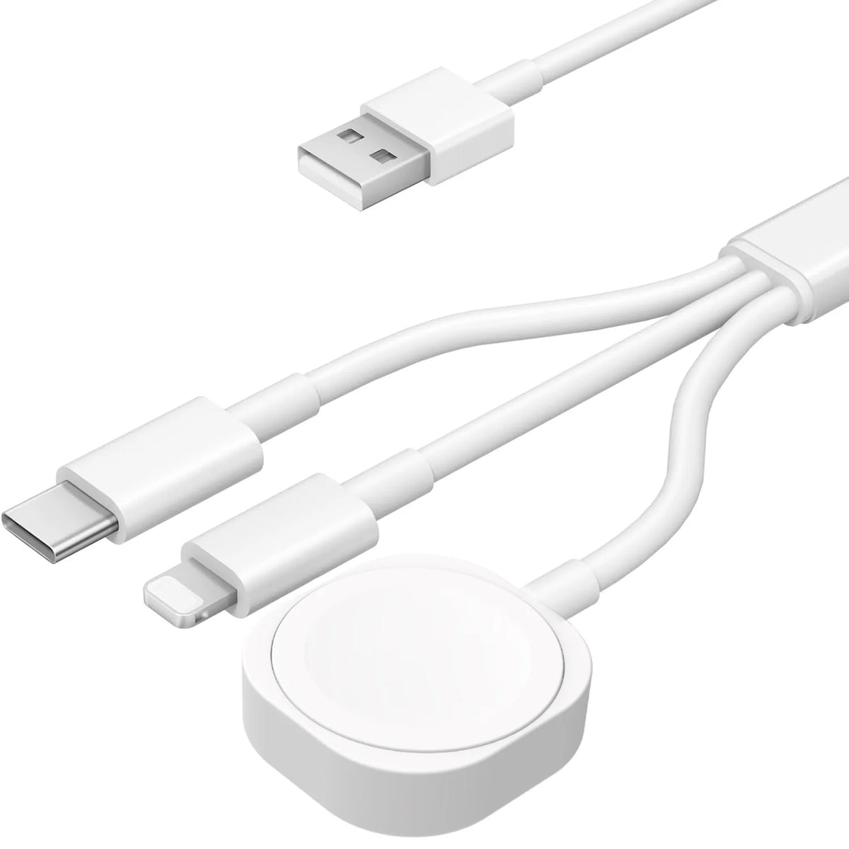 A white 3-in-1 charging cable with a connector and a round charging base.