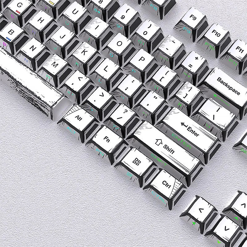 A close-up view of a set of translucent PBT keycaps with side printing in a cherry profile layout.