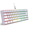 A white 68-key wired RGB gaming keyboard with a detachable cable is shown from above.