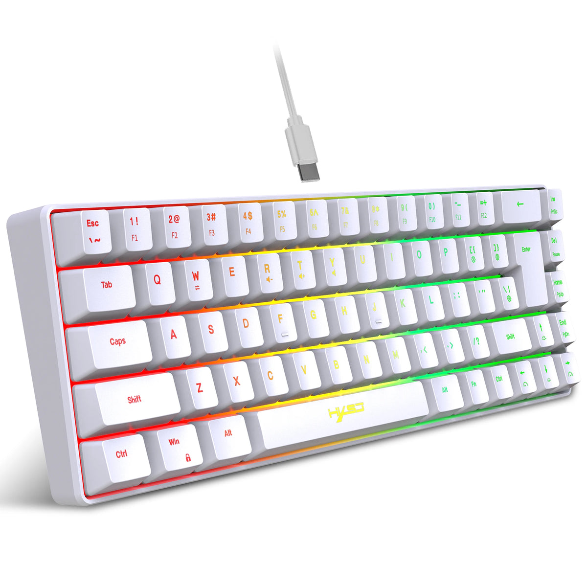 A white 68-key wired RGB gaming keyboard with a detachable cable is shown from above.