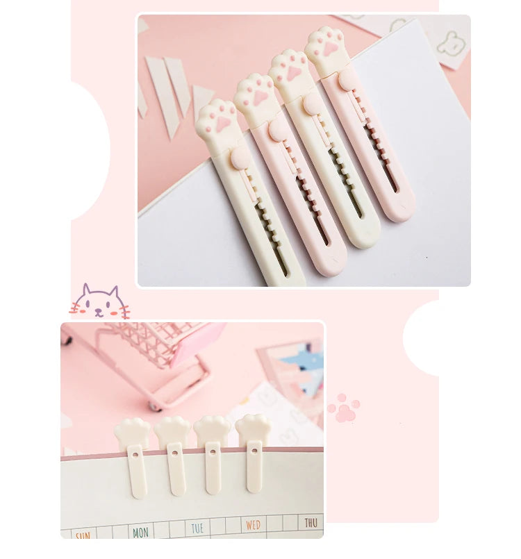 A set of pink and white portable pet claw tools or knives for crafting and decoration, displayed next to a calendar.