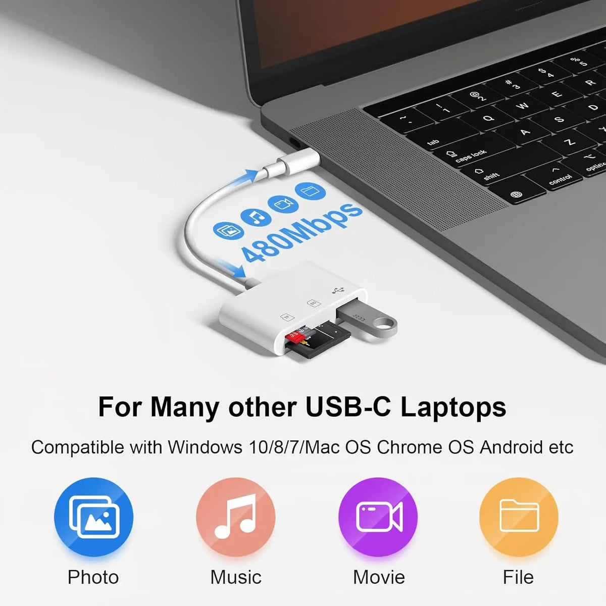 Adaptador de tarjeta de memoria de 3 en 1 blanco para USB-C conectado a una laptop, mostrando compatibilidad con varios siste