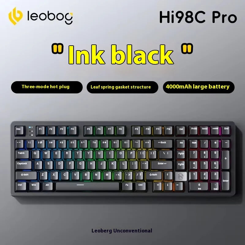 A close-up view of the Hi98C Pro mechanical Bluetooth wireless keyboard with black keys and a silver frame.