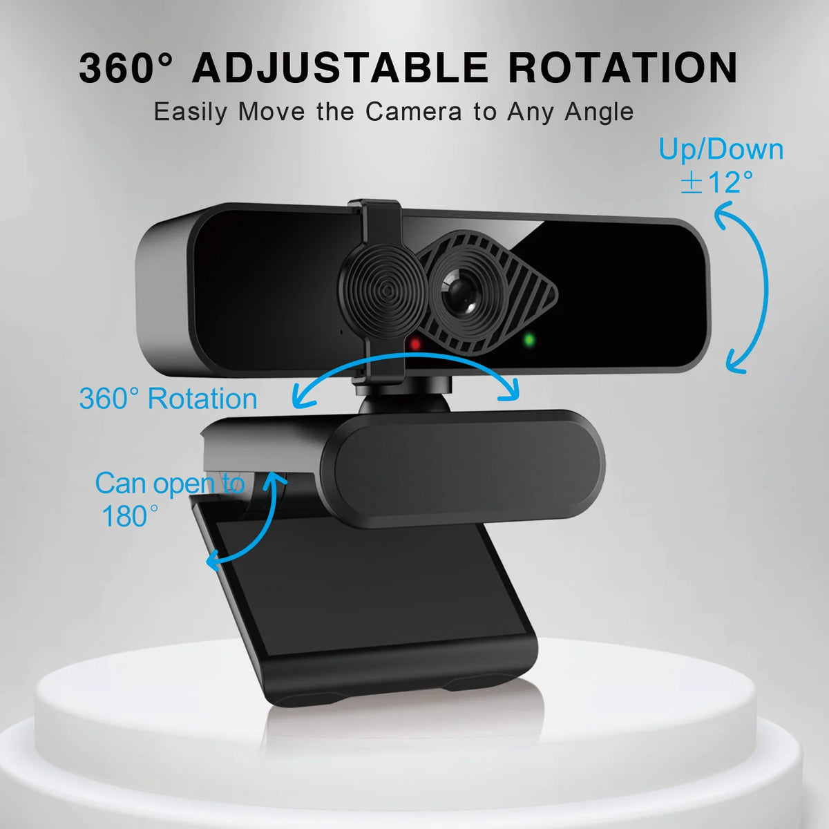Schwarze 4K Ultra HD USB-Webcam mit verstellbarem Rotationsmechanismus auf weißem Untergrund