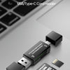 A black USB multi-function card reader adapter with an SD and TF card reader is shown next to a memory card.