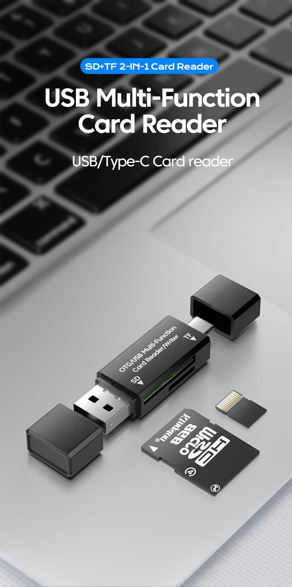 A black USB multi-function card reader adapter with an SD and TF card reader is shown next to a memory card.